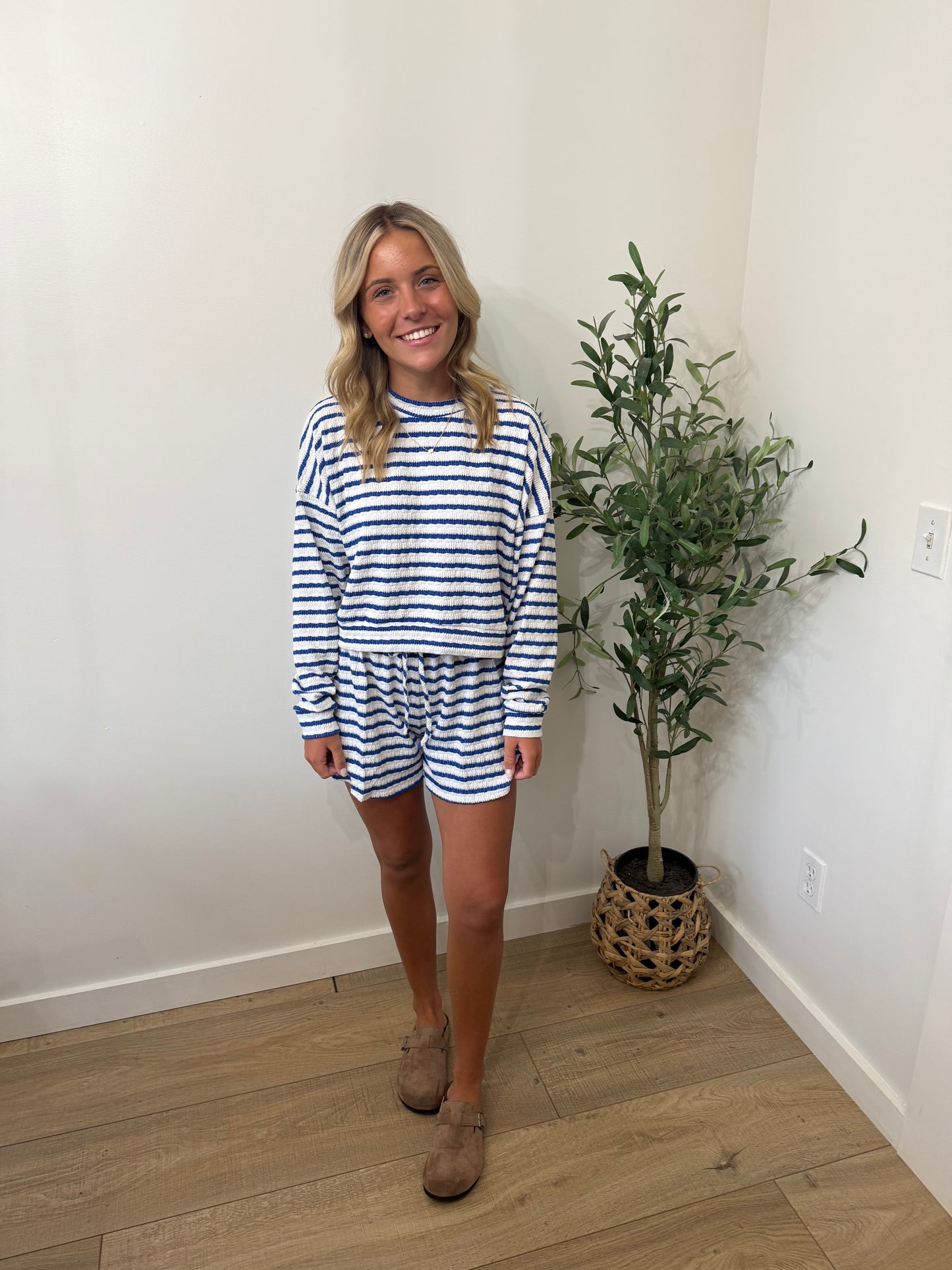 Cozy Stripe Lounge Short Set | royal/white