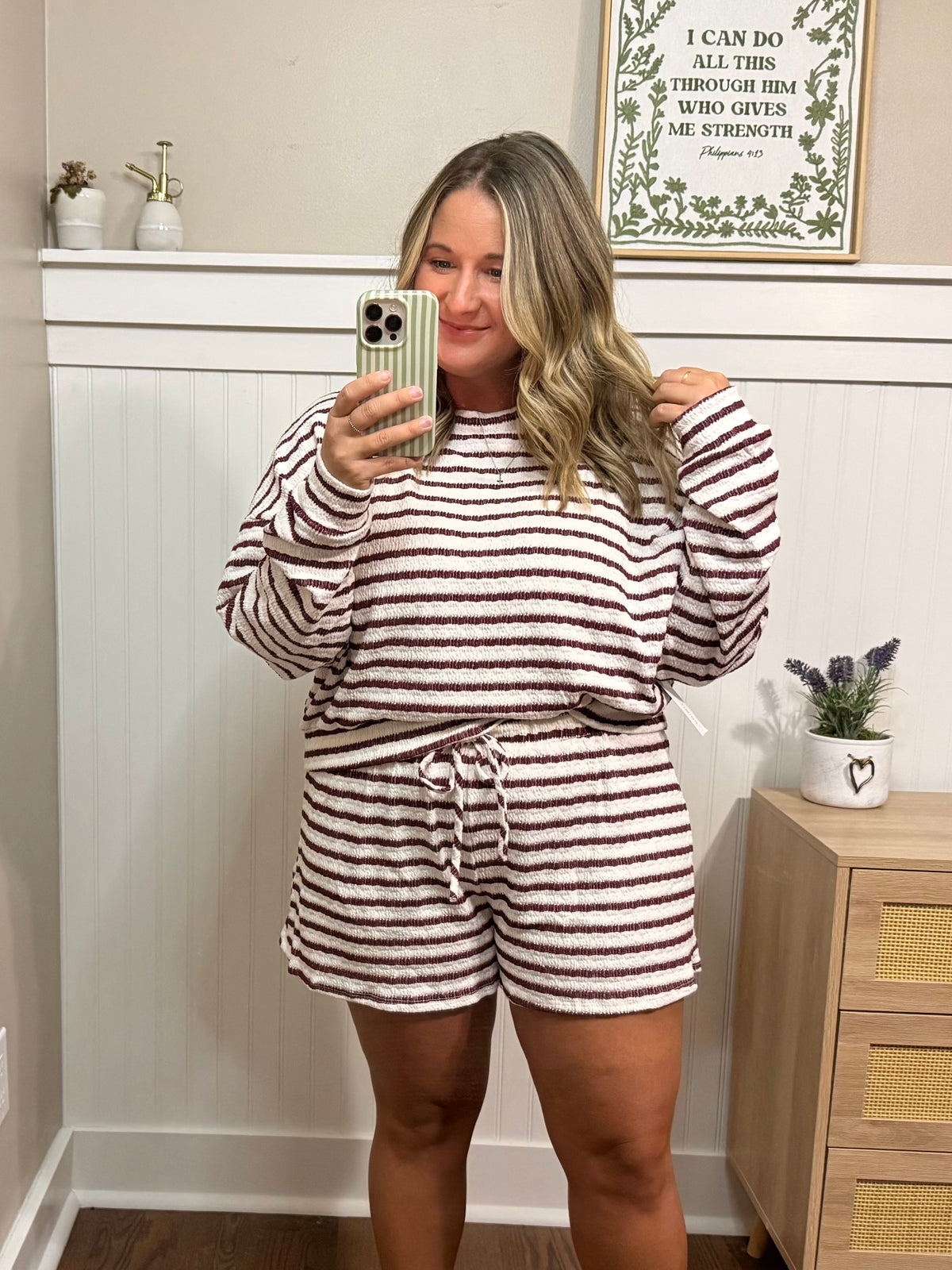 Cozy Stripe Lounge Short Set | burgundy/white