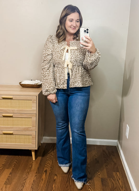 Leopard Front Tie Blouse - Ivory