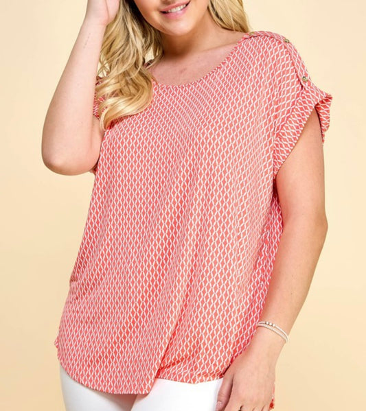 Voluptuous Coral Button Shoulder Top