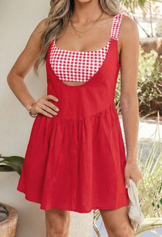 Gingham dress w/ Romper - Red