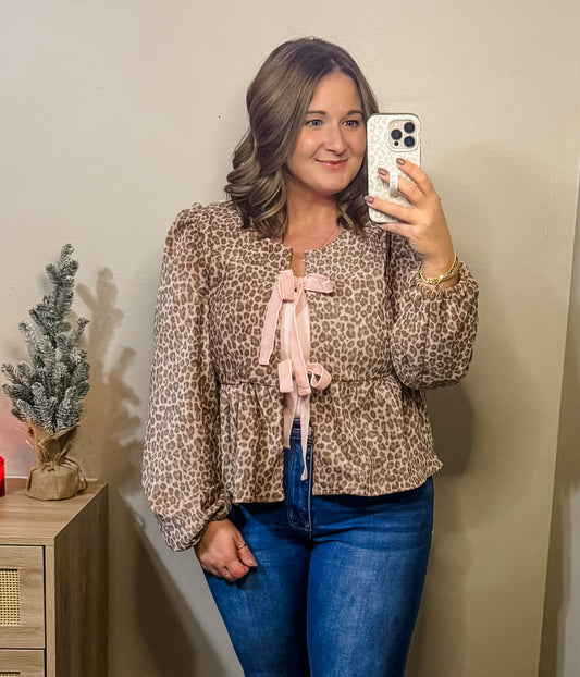 Leopard Front Tie Blouse