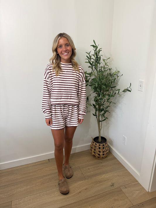 Cozy Stripe Lounge Short Set | burgundy/white